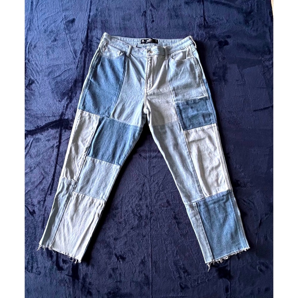 Hollister Ultra High-Rise Mom Jeans Women's 15R W32 L27 Blue Patchwork Raw Hem